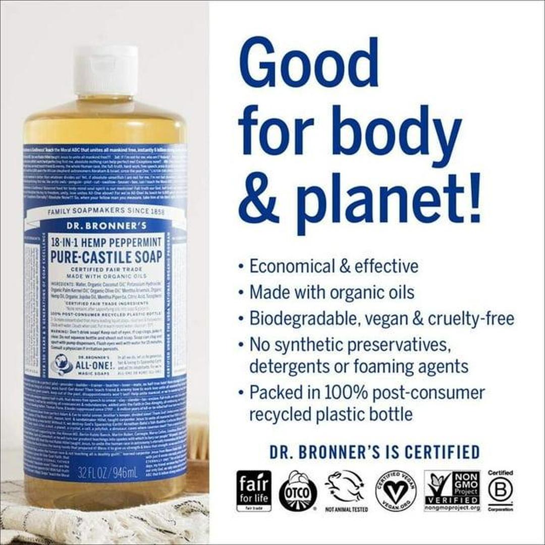 Dr. Bronner's Pure-Castile Liquid Soap – Peppermint – 32 oz