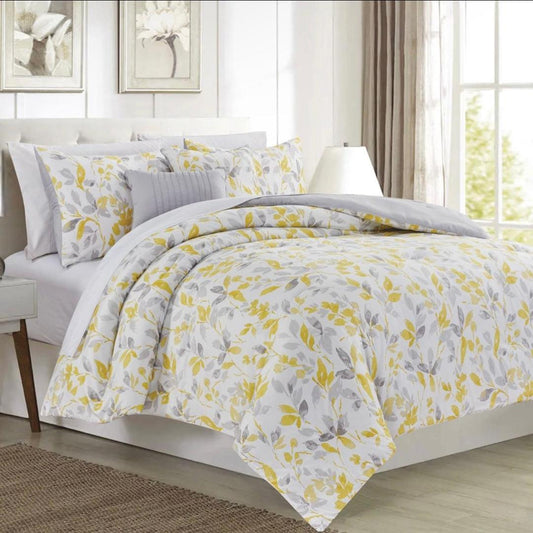 5 Pc Mikayla Leaves Printed Comforter Set Yellow Queen