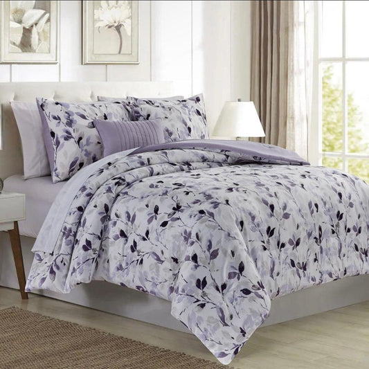 5 Pc Mikayla Leaves Printed Comforter Set Lilac Queen
