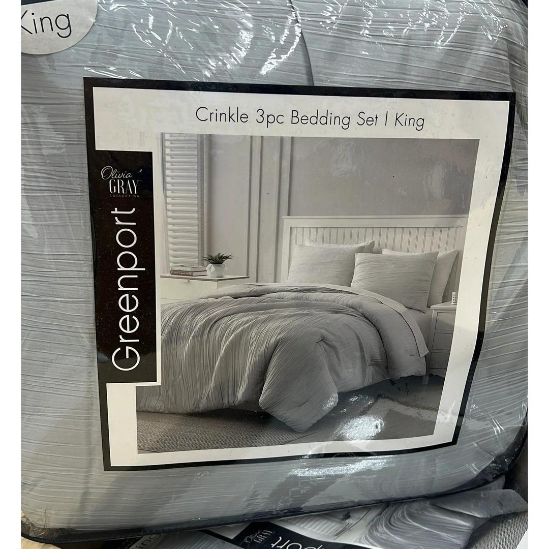 RT Designers Collection Greenport Crinkle Bed Comforter Set, Silver - King - 3 Piece