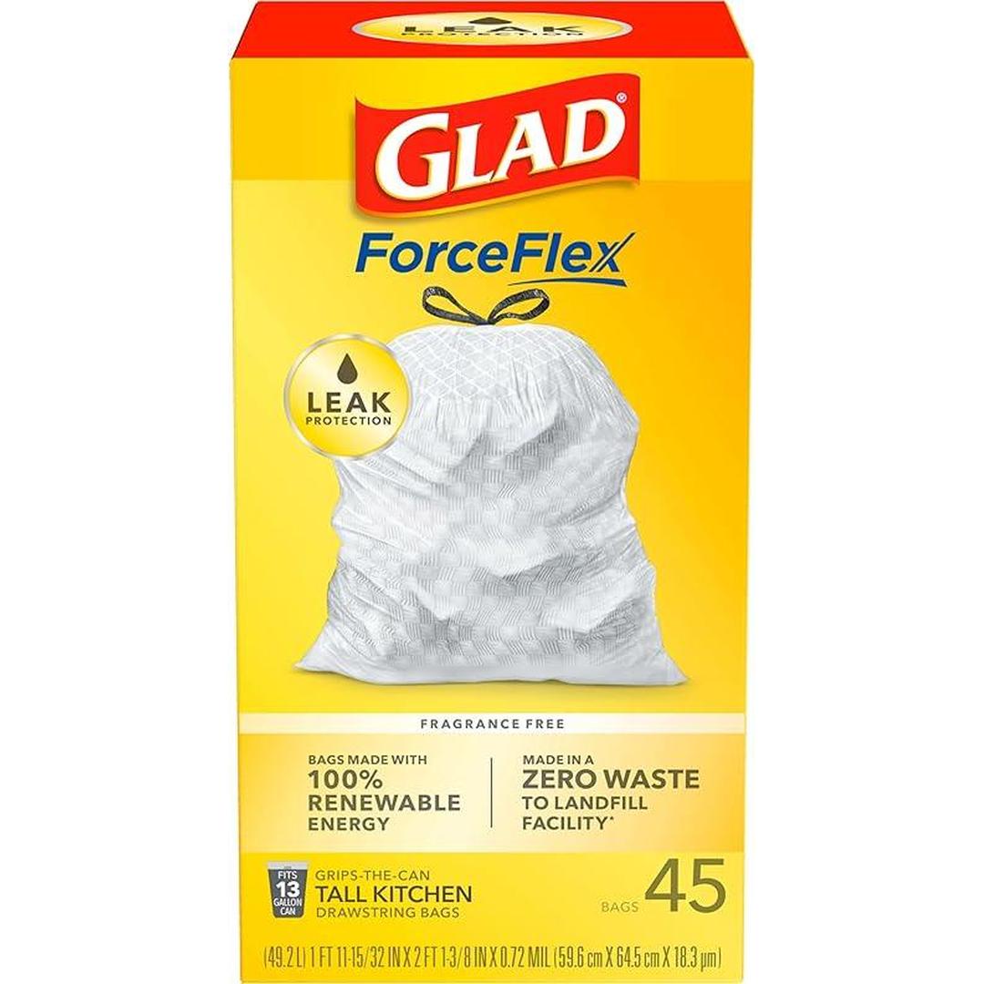 Glad ForceFlex Tall Kitchen Drawstring Trash Bags, 13 Gallon, 45 Count 