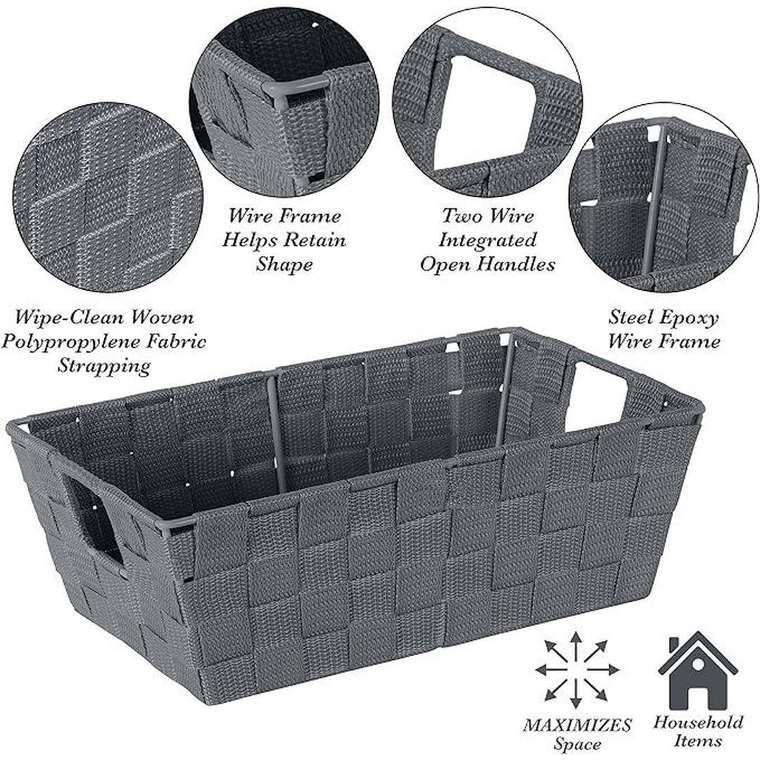 Simplify Small Shelf Woven Strap Tote | Decorative Storage Basket | Built in Handles | Organization | Closet | Bedroom | Bathroom | Nursery | Accessories | Toys | Gifts | 1 Pack | Grey