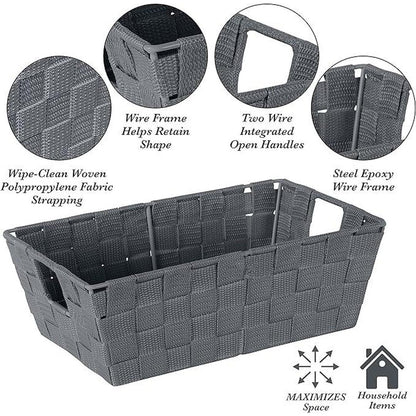 Simplify Small Shelf Woven Strap Tote | Decorative Storage Basket | Built in Handles | Organization | Closet | Bedroom | Bathroom | Nursery | Accessories | Toys | Gifts | 1 Pack | Grey