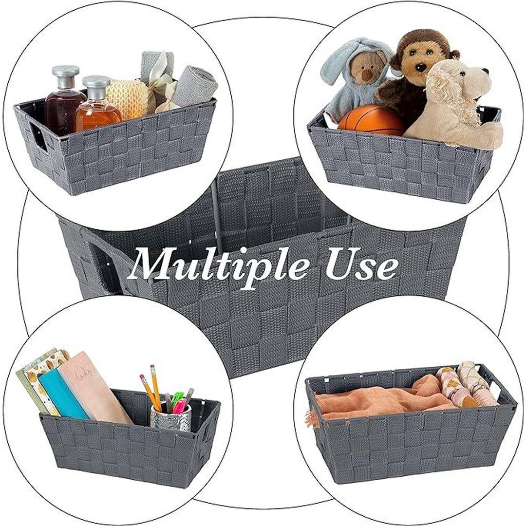 Simplify Small Shelf Woven Strap Tote | Decorative Storage Basket | Built in Handles | Organization | Closet | Bedroom | Bathroom | Nursery | Accessories | Toys | Gifts | 1 Pack | Grey