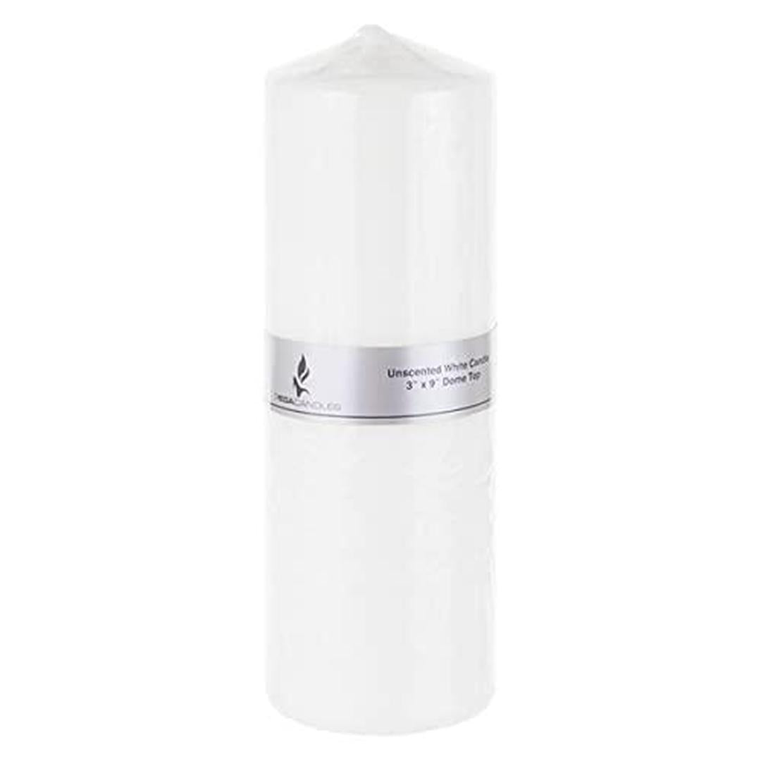 3" x 9" Domed Top Press Unscented Pillar Candle in Shrink Wrap - White