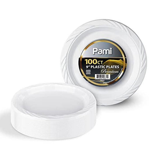 PAMI Premium Disposable Plastic Plates 9'' [Pack of 100] - White Party Plates for Dinner Desserts Appetizers