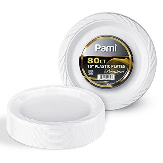 PAMI Premium Disposable Plastic Plates 10'' [Pack of 80]- White Party Plates for Dinner Desserts Appetizers