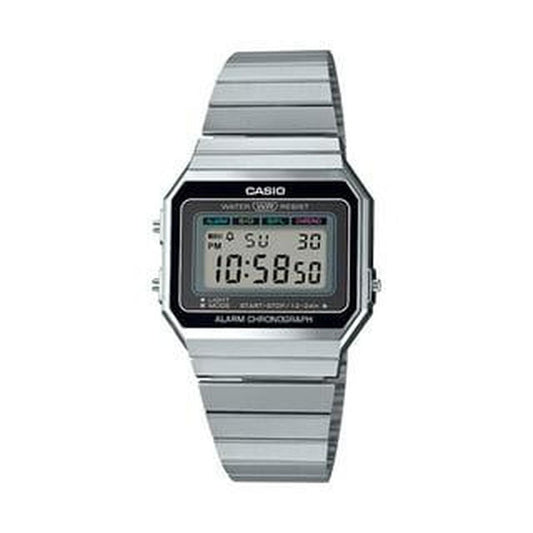 A700W-1A Men Slim-Digital Stainless Steel Watch, Black & Silver