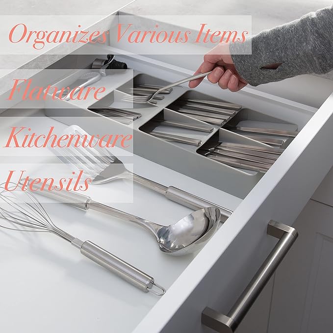 Kitchen Details 7-Slot Cutlery Drawer Organizer | Stylish Grey Utensil Tray