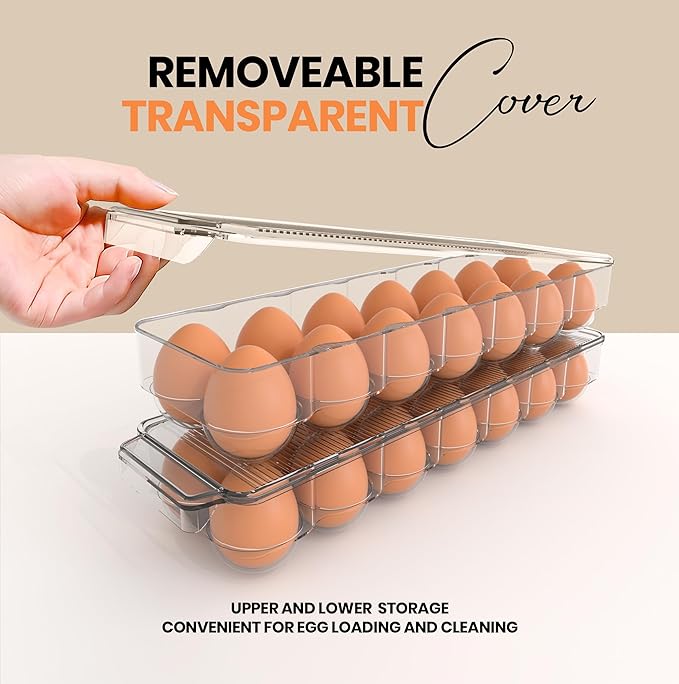 Refrigerator Egg Container - 14-Egg Holder with Lid, Handle, and Storage Tray