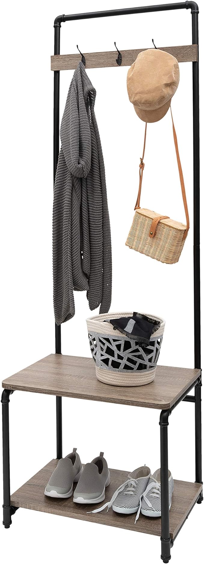 Organize It All Pipe Line Coat Rack 3 Hooks, Shoe Shelf, and Bench Entryway Storage - Thumbnail 2