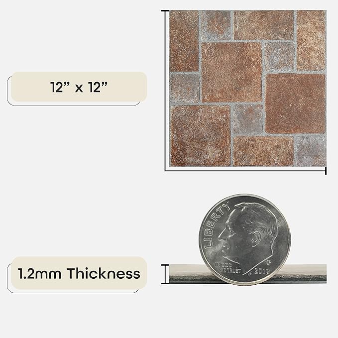 Nexus Self Adhesive 12-Inch Vinyl Floor Tiles, 20 Tiles - 12" x 12", Brick Pavers Pattern - Peel & Stick