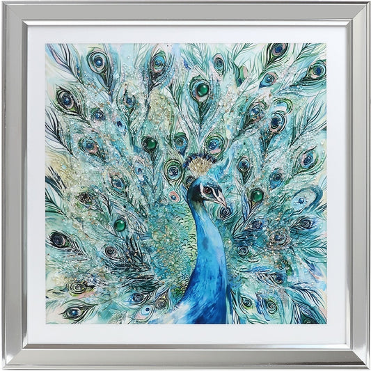 FRAMED LACQUERED ART W/ ROCKS - MAJESTIC PEACOCK - SIZE: 23" x 23"