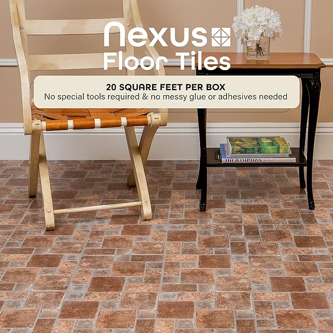 Nexus Self Adhesive 12-Inch Vinyl Floor Tiles, 20 Tiles - 12" x 12", Brick Pavers Pattern - Peel & Stick