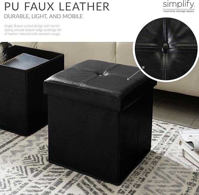 Simplify Faux Leather Cube Storage Ottoman, Black