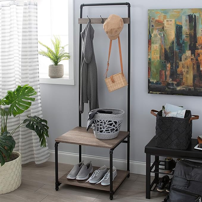 Organize It All Pipe Line Coat Rack 3 Hooks, Shoe Shelf, and Bench Entryway Storage - Thumbnail 3