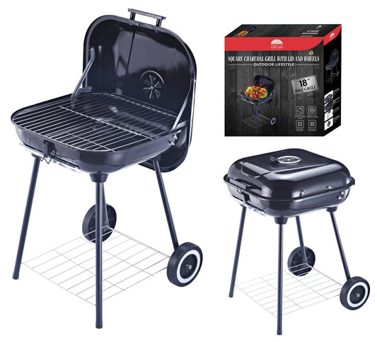 18" X 18" SQ Charcoal Grill with Lid and wheels