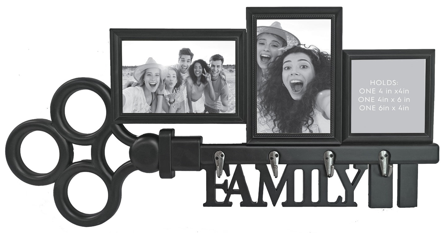 DECORATIVE PHOTO COLLAGES WITH 3 SLOTS AND 4 HOOKS IN BLACK & WHITE - SIZE: 21.5" x 9.75"