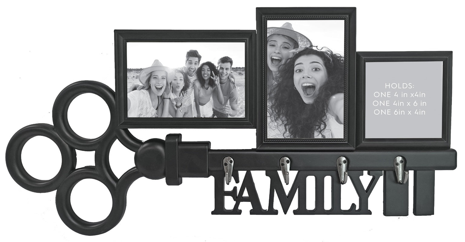 DECORATIVE PHOTO COLLAGES WITH 3 SLOTS AND 4 HOOKS IN BLACK & WHITE - SIZE: 21.5" x 9.75"