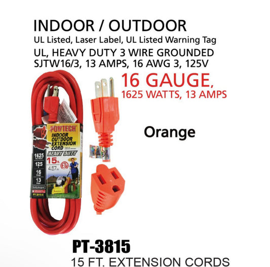 POWTECH UL Heavy duty Household Extension Cord 15FT Orange