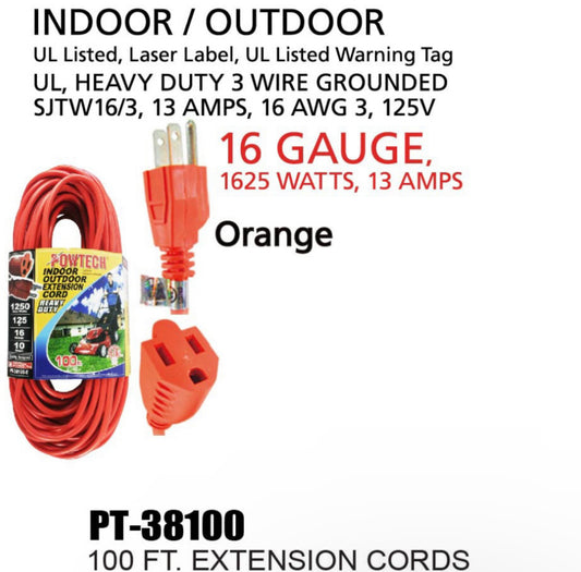 Powtech UL Heavy Duty Household Extension Cord | 100 Ft | Orange