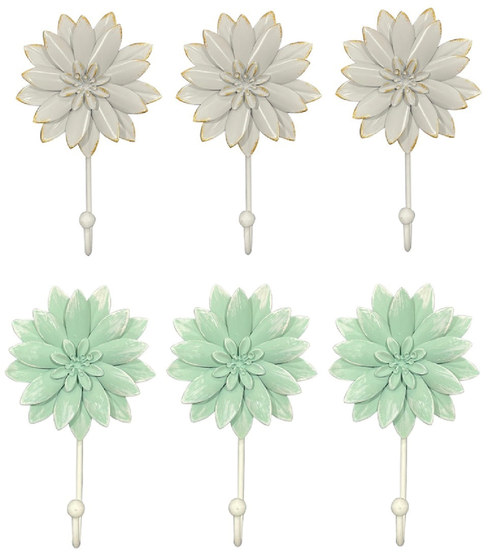 3PC SET METAL FLOWER HOOKS IN BURSHED WHITE/GOLD & SEA FOAM/WHITE - SIZE: 14" x 1.5" x 8"