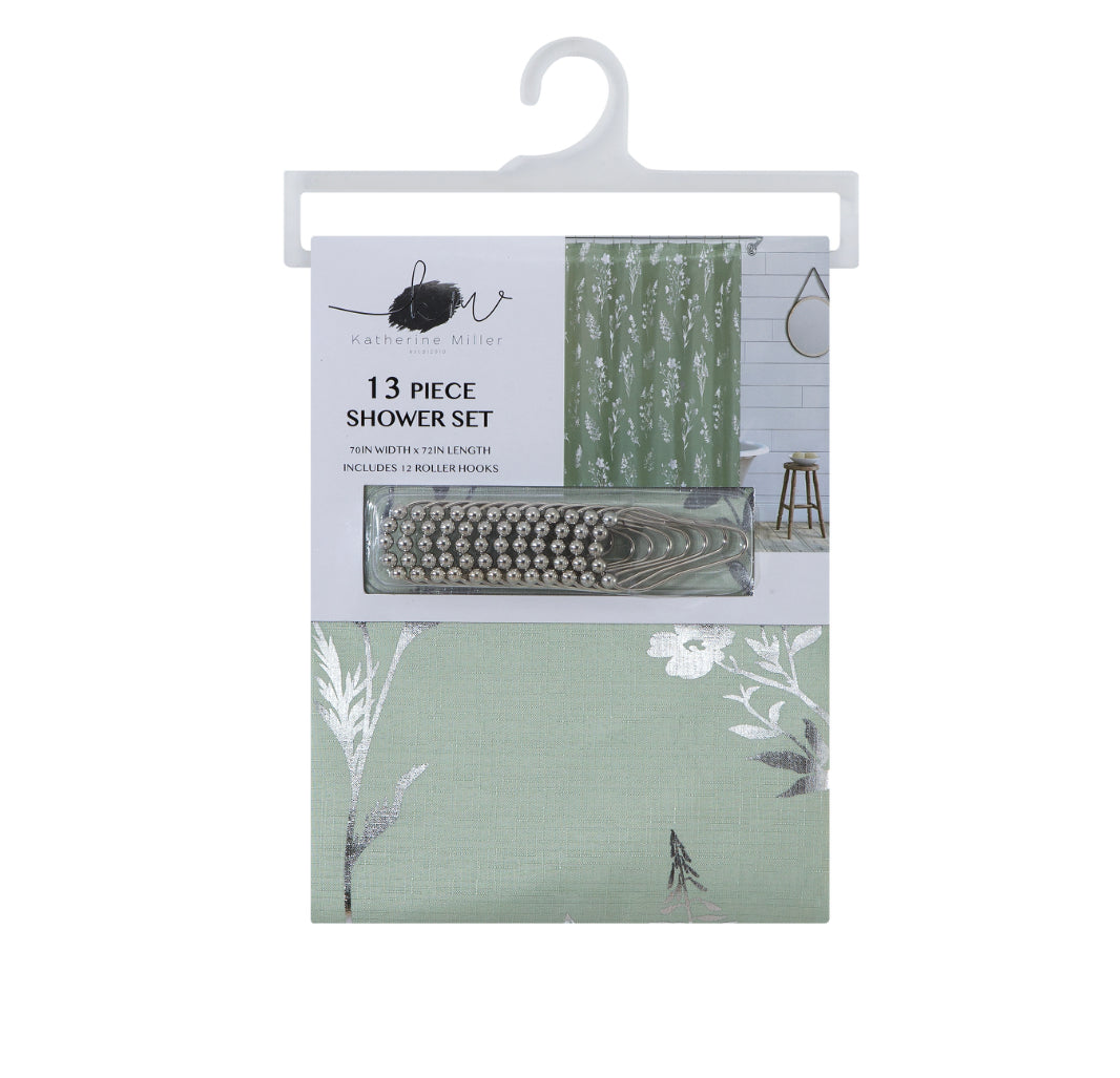 13 PIECE SHOWER SET 70IN WIDTH × 72IN LENGTH INCLUDES 12 ROLLER HOOKS