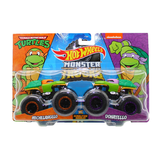 Hot Wheels Monster Trucks 1:64 Scale Demolition Doubles, Michelangelo vs Donatello