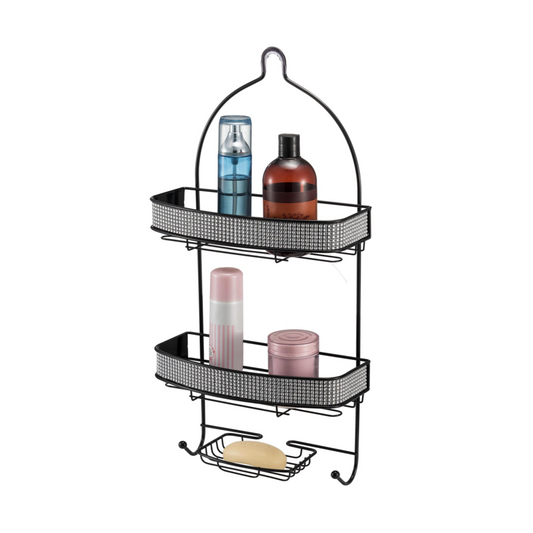Black  Shower Caddy with Diamond Accents, Soap Dish & Hooks