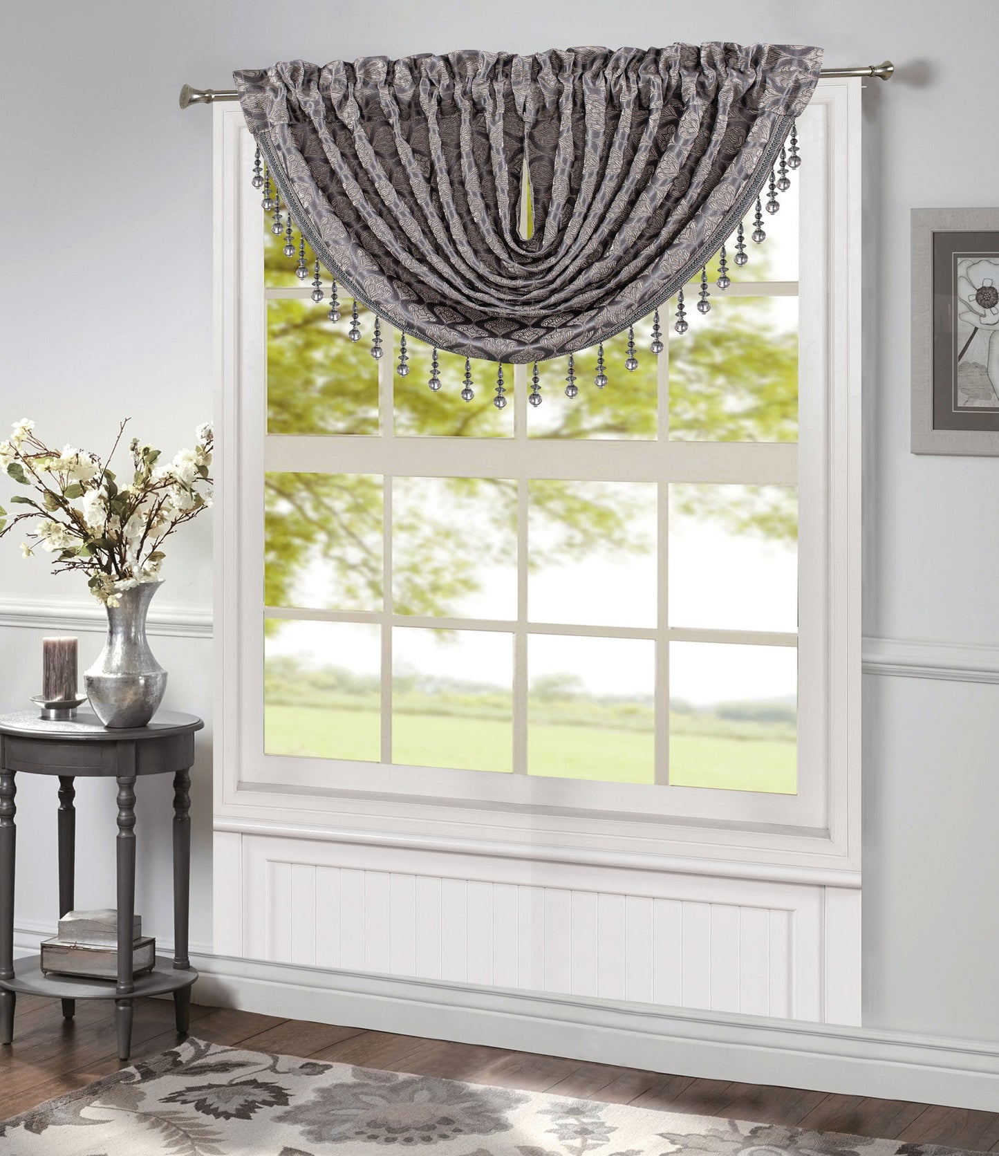 Robin Jacquard Rod Pocket Waterfall Window Valance with Beads, Silver/Grey, 48x37 Inches