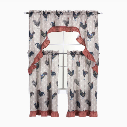 Rooster 3-Piece Rod Pocket Printed Kitchen Curtain Valance & Tiers Set