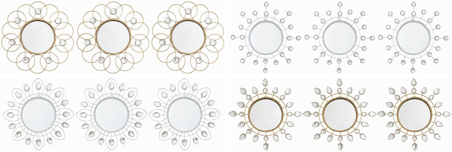 3PC JEWELED METAL MIRROR SETS IN GOLD & SILVER - SIZE: 3 - 10" Mirrors