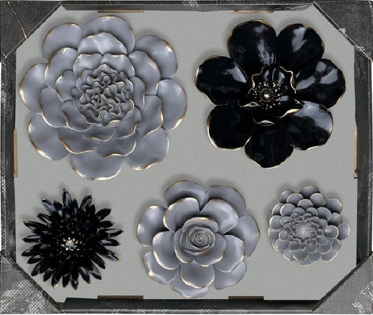 5 PC ASST RESIN FLORAL BEAUTY SET IN BLACK & GREY W. GOLD TIPS - SIZE: 4" + 5" + 6" + 7" + 8" Flowers