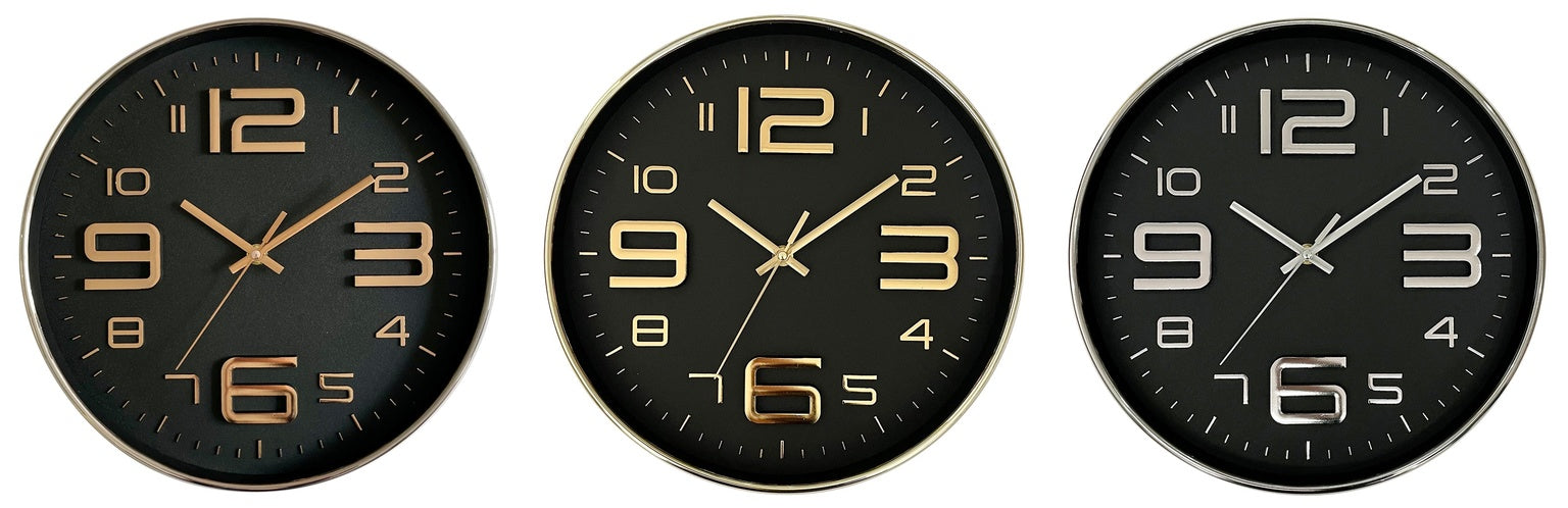 12" ROUND ELECTROPLATED CLOCK IN BLACK FACE WITH RAISED NUMBERS