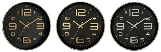 12" ROUND ELECTROPLATED CLOCK IN BLACK FACE WITH RAISED NUMBERS