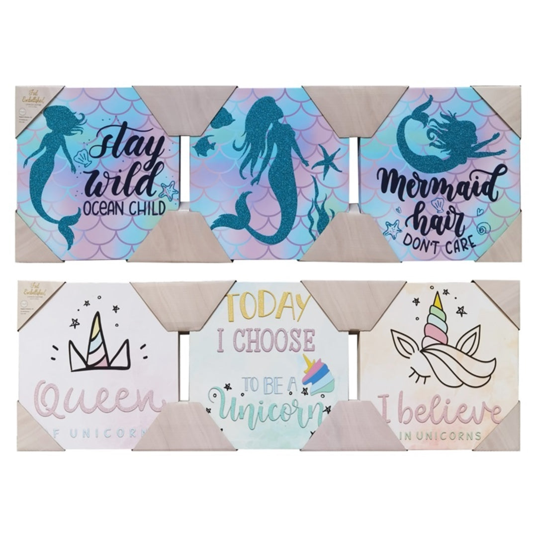 3PC CANVAS SET W/ FOAM FOIL - MAGICAL UNICORN & MERMAID - SIZE: 3 - 12" x 12" Images