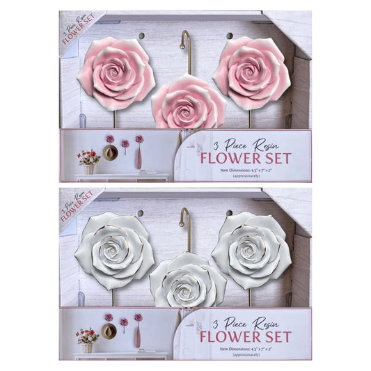 3PC SET FASHION ROSE RESIN HOOKS - SIZE: 12.5" x 2" x 8.5" Overall