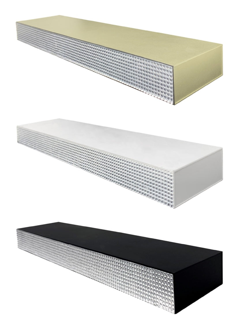 BLINGED FLOATING SHELF IN BLACK, WHITE, & CHAMPAGNE - SIZE: 18" x 1.75" x 4"