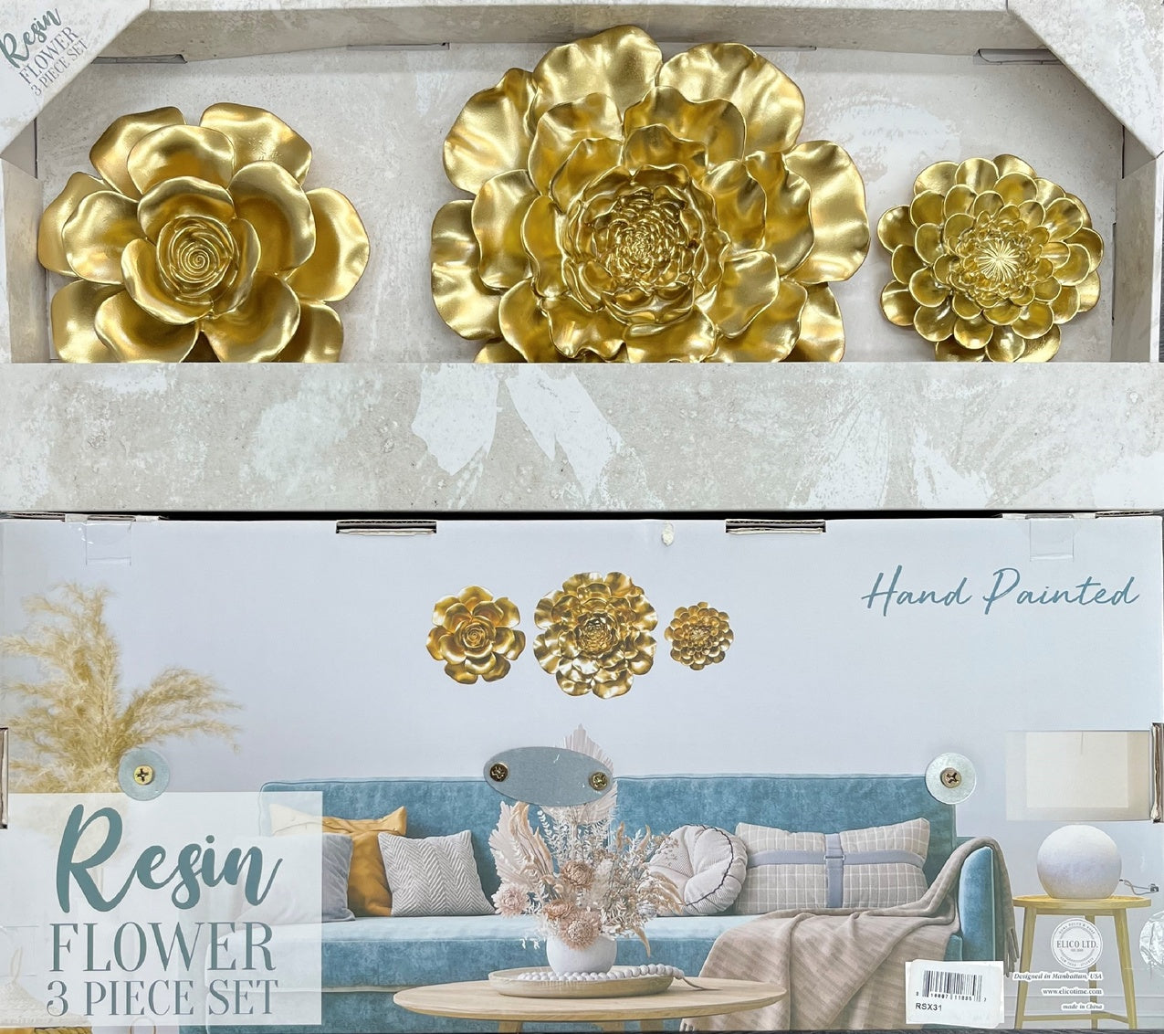 MIXED 3PC SET RESIN FLOWERS IN GOLD & SILVER - SIZE: 8" , 6" & 4"