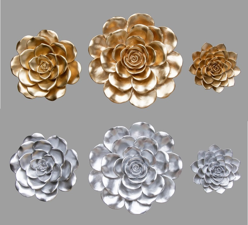MIXED 3PC SET RESIN FLOWERS IN GOLD & SILVER - SIZE: 8" , 6" & 4"