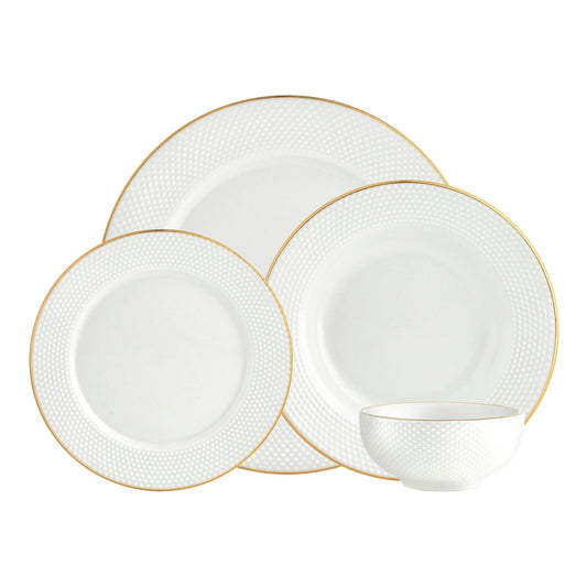 Pique Porcelain Gold Rim 16 Piece Dinnerware Set, Service For 4