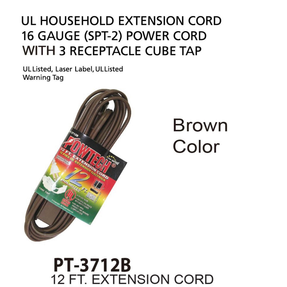 Powtech UL Heavy Duty Household Extension Cord - 12 Ft