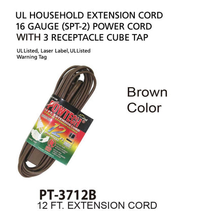 Powtech UL Heavy Duty Household Extension Cord - 12 Ft