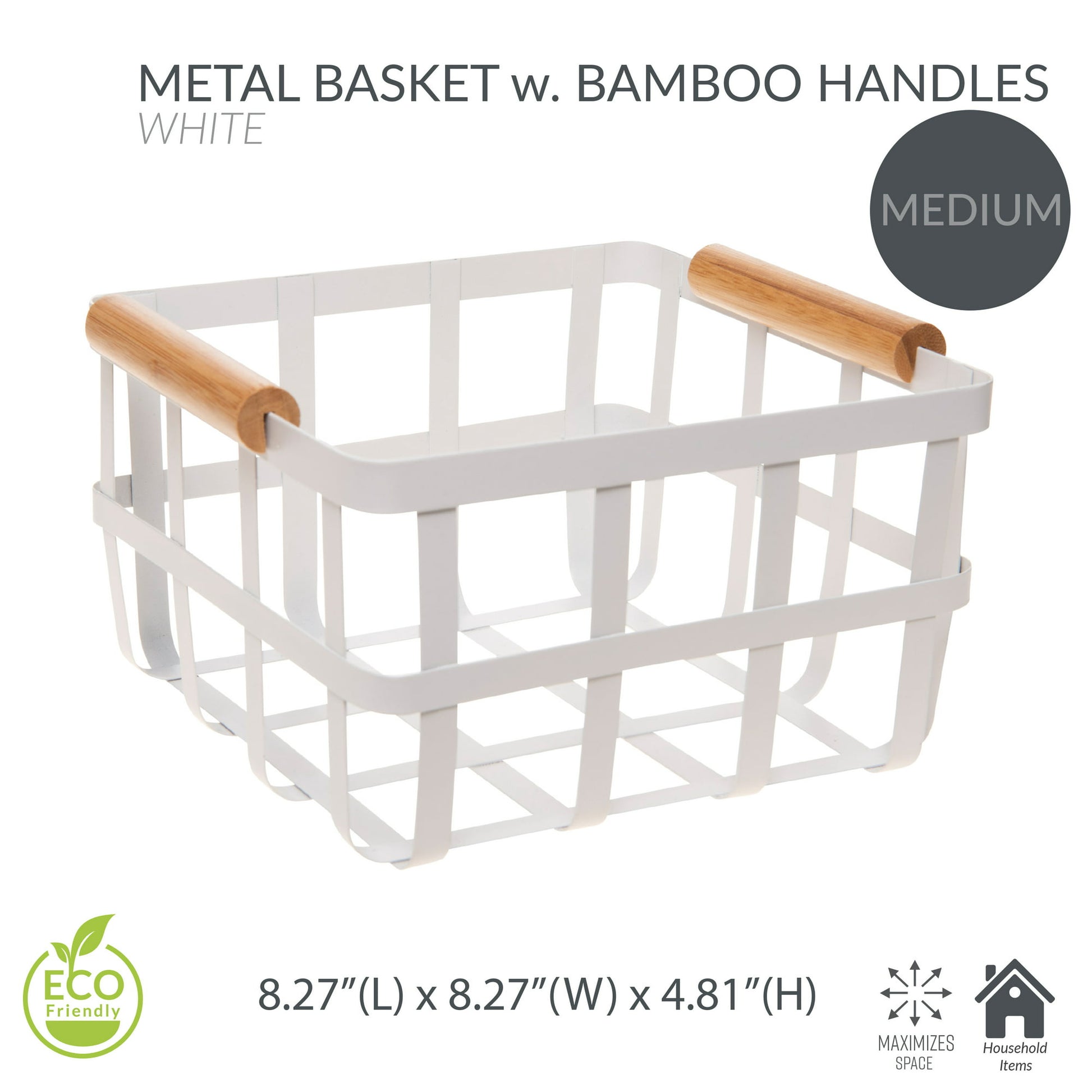 Simplify Square Metal Storage Basket with Bamboo Handles in White