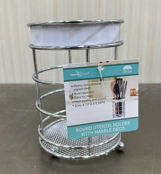 Chrome  Round Utensil Holder with Marble Decorative Trim