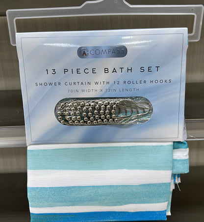 13 PIECE BATH SET SHOWER CURTAIN WITH 12 ROLLER HOOKS 7OIN WIDTH X 72IN LENGTH