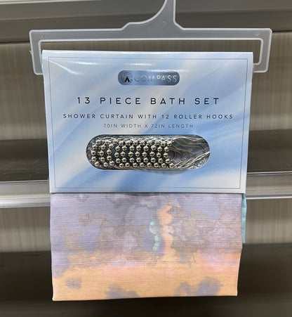 13 PIECE BATH SET SHOWER CURTAIN WITH 12 ROLLER HOOKS 70IN WIDTH X 72IN LENGTH