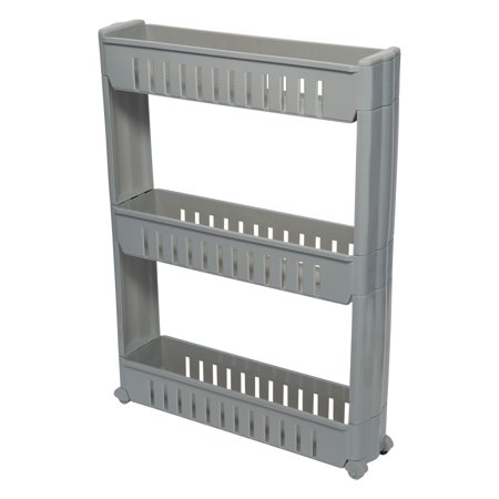 Simplify 3 Tier Slim Slide Out Plastic Storage Cart in Grey for Laundry Room or Closet