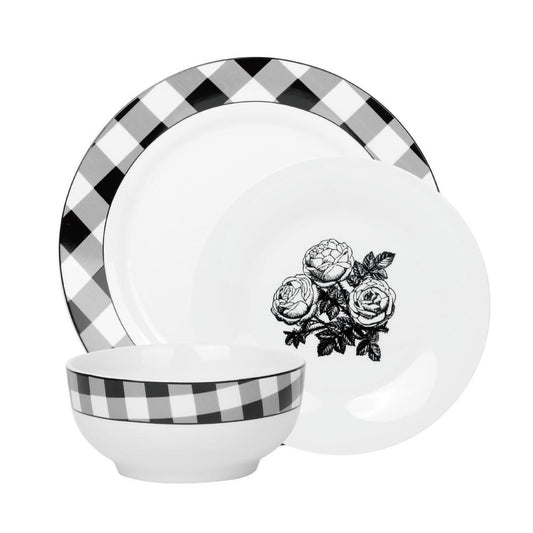 Damier Porcelain 12 Piece Dinnerware Set, Service for 4