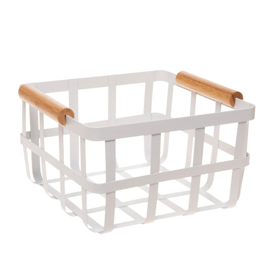 Simplify Square Metal Storage Basket with Bamboo Handles in White